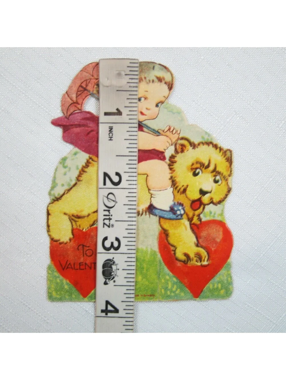 Vintage Valentine Die Cut Stand Up Girl w/ Umbrella Rides Bear Germany 1920s-30s